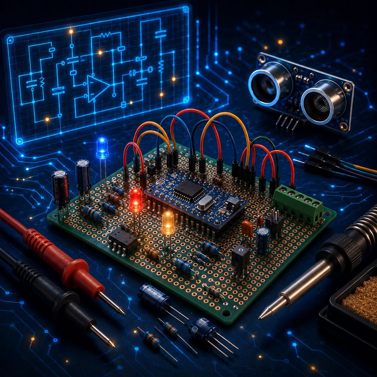 Ilustração de uma bancada com circuito eletrônico, sensores e instrumentos de teste